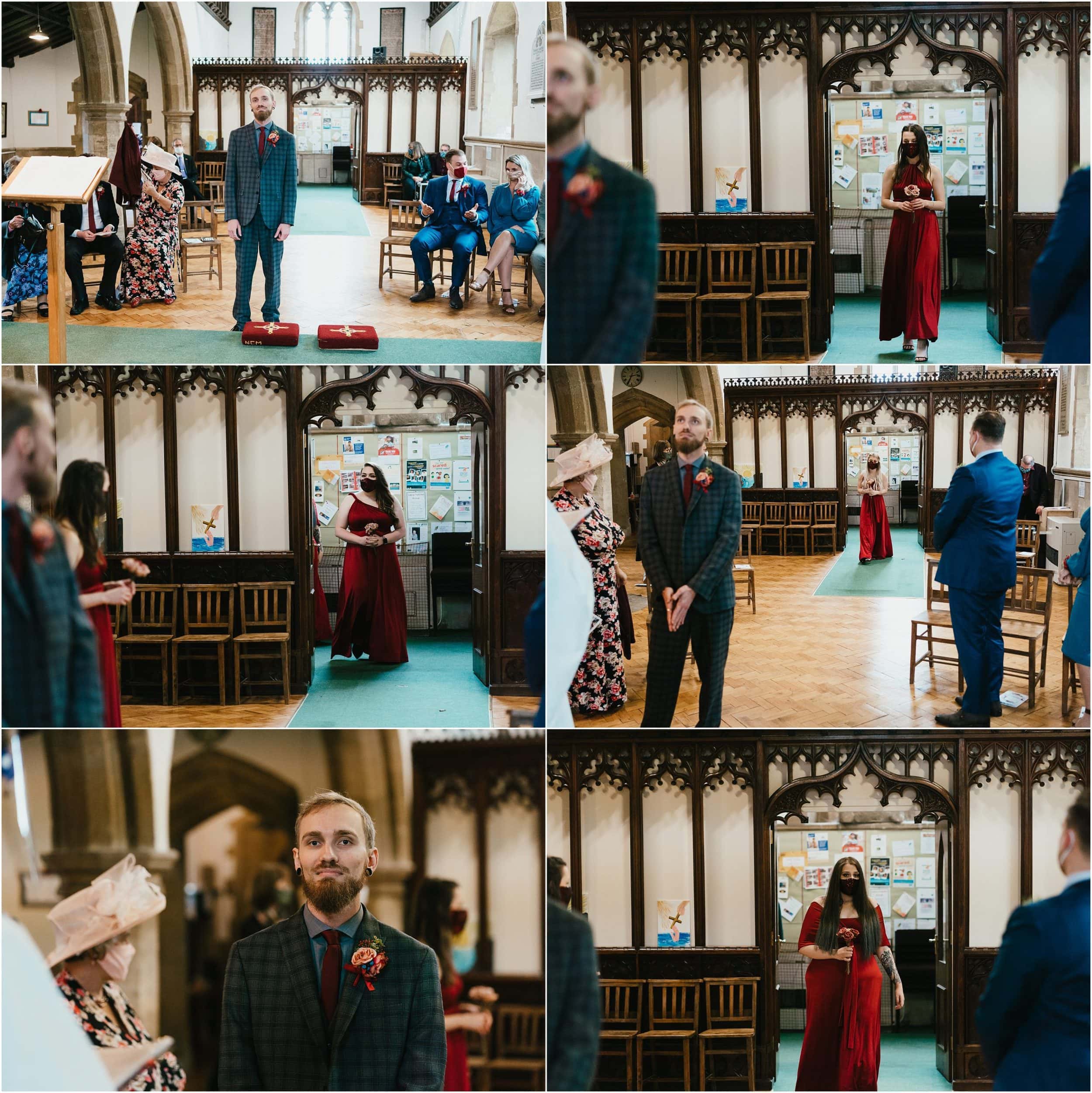 Grooma nd guests waiting in Colne Village church for the Bridesmaids walking in